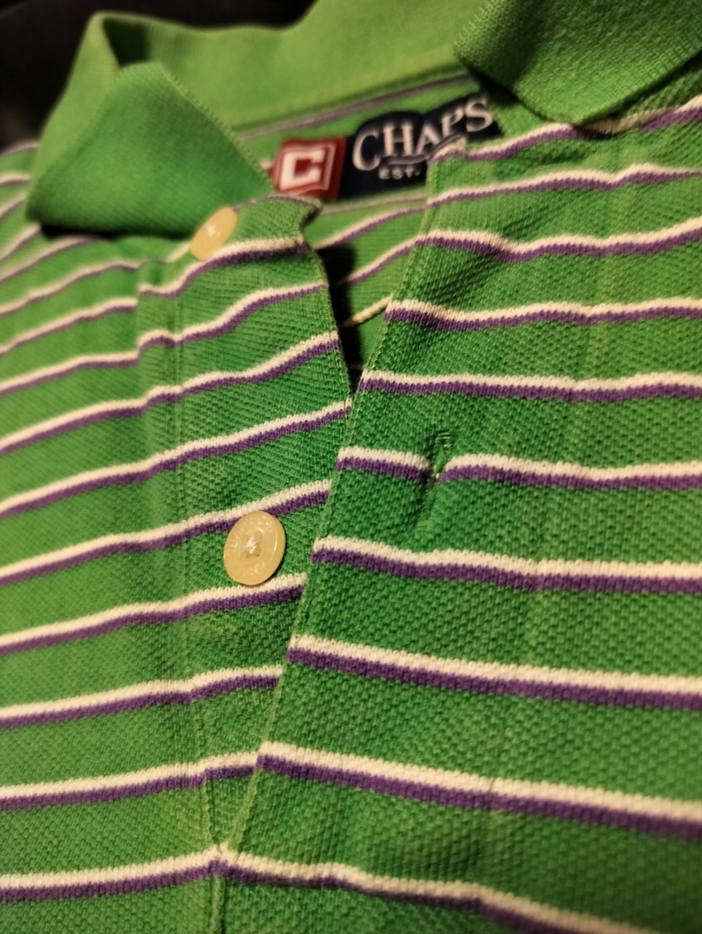 Chaps 100% Cotton Men's Green Polo Shirt With White & Purple Stripes - Medium - Picture 6 of 9